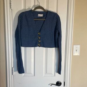 Urban Outfitters cropped cardigan, blue with brown buttons, size small